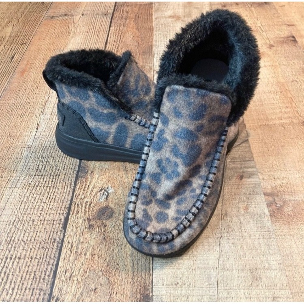 Hey Dude Denny Leo Nut Leopard Print Faux Fur Lined Ankle Boots Women US 5 EU 36